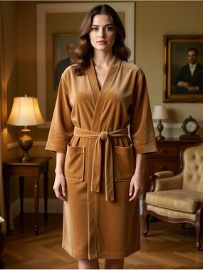 Christian Dior Vintage 1970 Tan Velour Bath Robe Velvet Size Large Housecoat